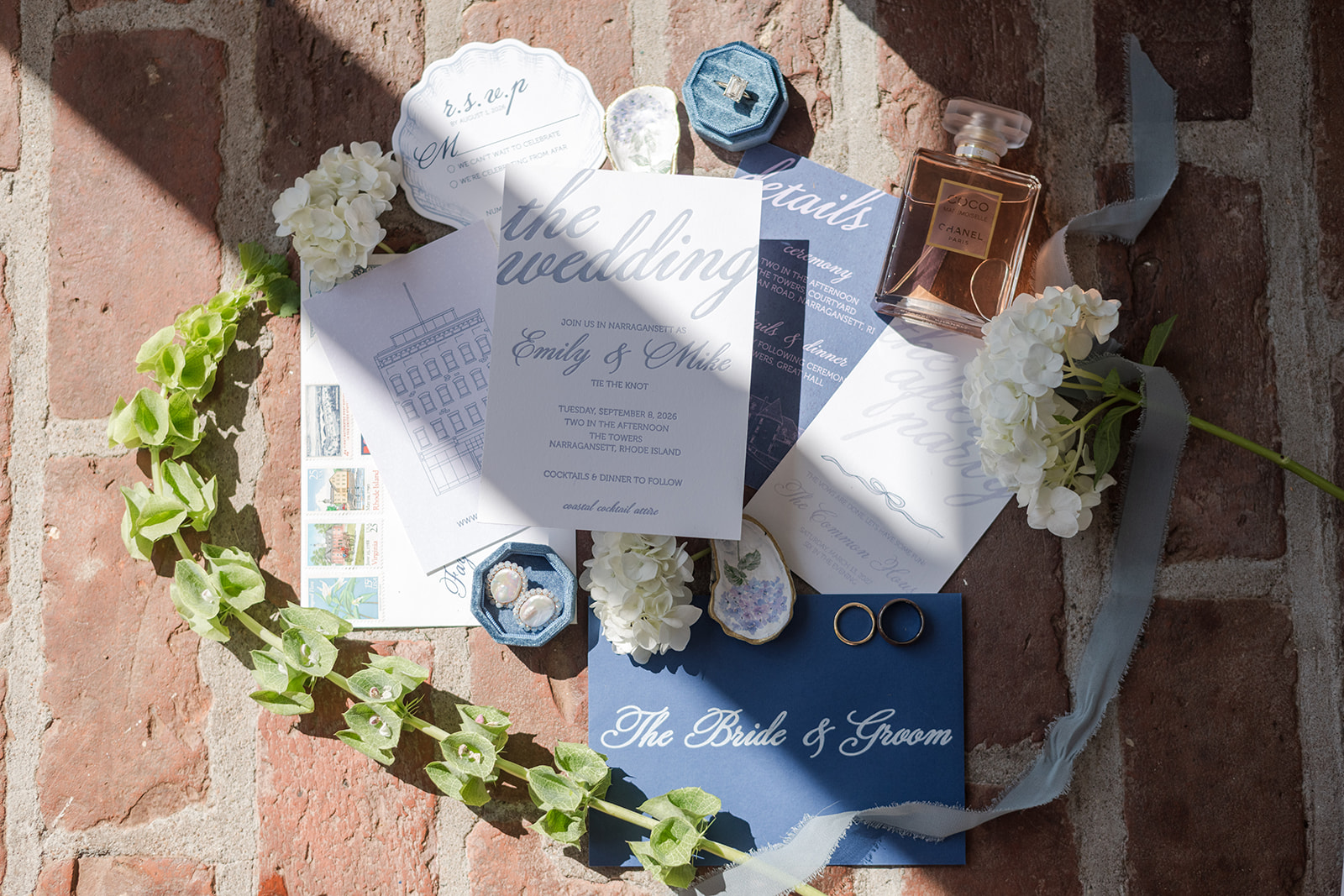 Blue and white custom coastal wedding invitation suite for a Narragansett, Rhode