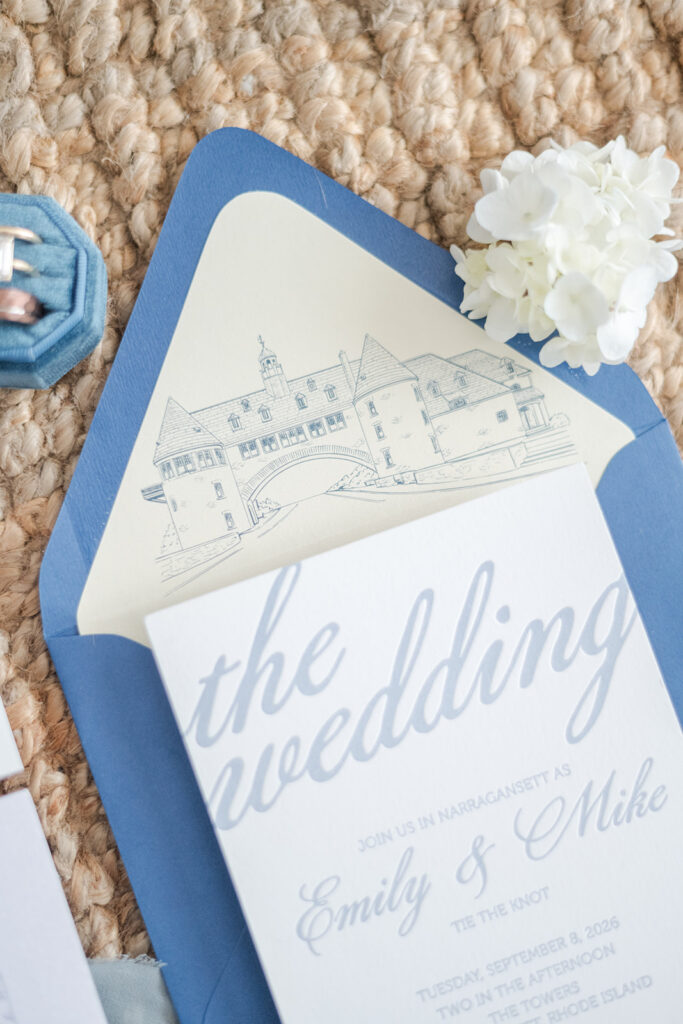 Custom illustrated envelope liner featuring The Towers in Narragansett, Rhode Island