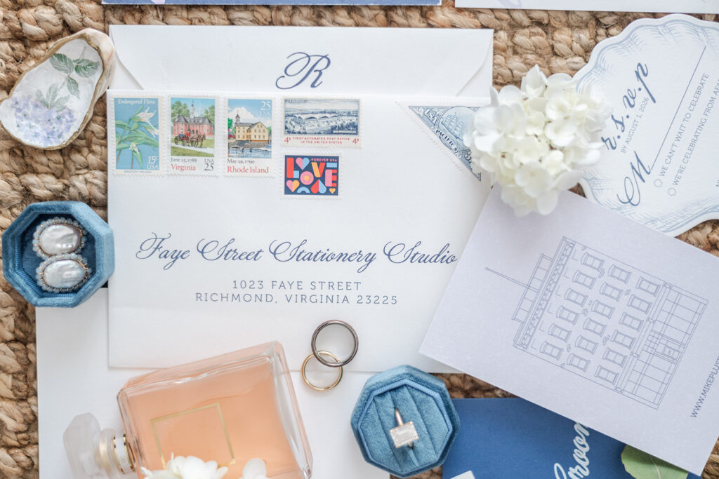 Custom wedding invitation envelope with curated vintage Rhode Island and Virginia postage