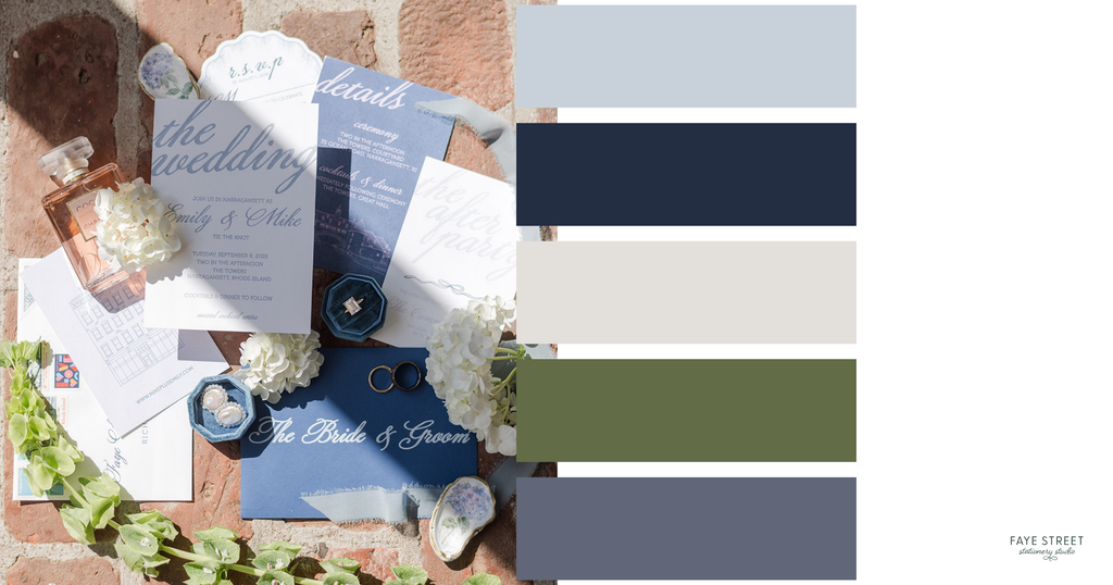 Coastal wedding color palette featuring dusty blue, navy, ivory, olive green and slate blue swatches beside custom Rhode Island wedding invitations.