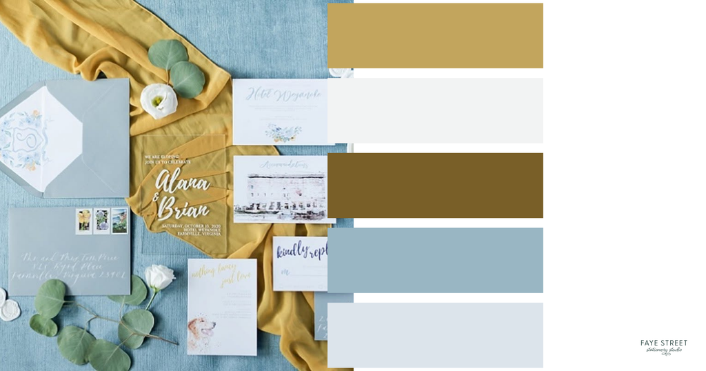 Summer wedding color palette with marigold yellow, dusty blue, warm ivory and golden brown swatches beside blue wedding invitations and yellow fabric.