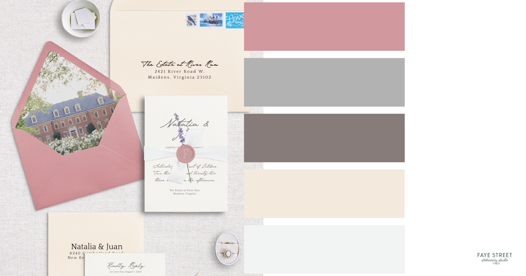 Romantic wedding color palette with dusty rose, warm gray, taupe, cream and light gray swatches beside pink wedding invitations and a venue photo envelope liner.