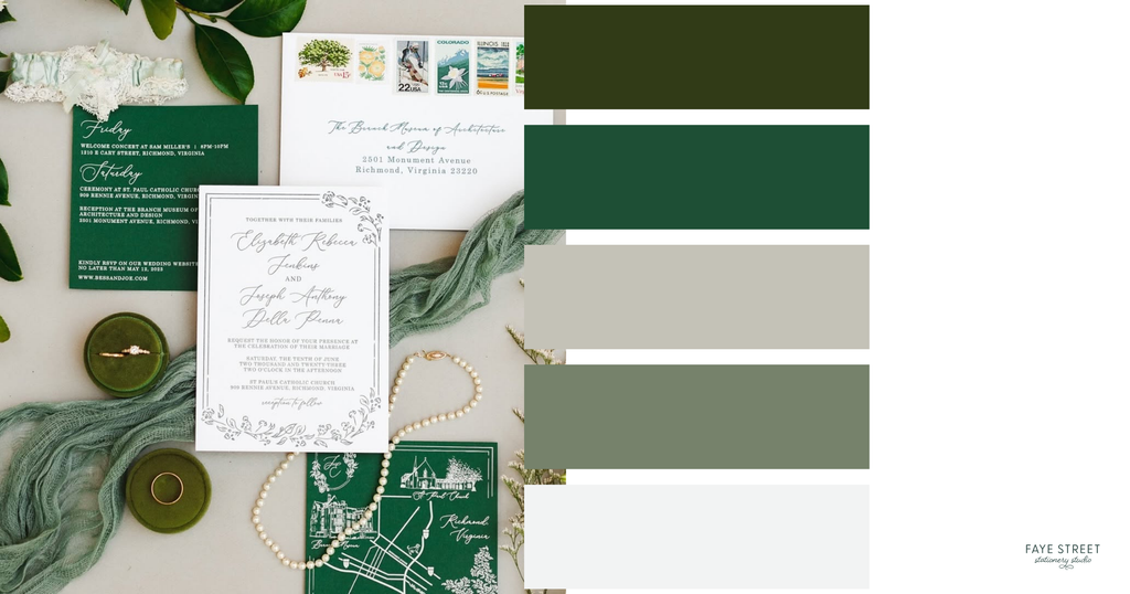 Elegant green wedding color palette featuring forest green, emerald, sage, olive and ivory swatches beside custom wedding stationery with vintage postage.