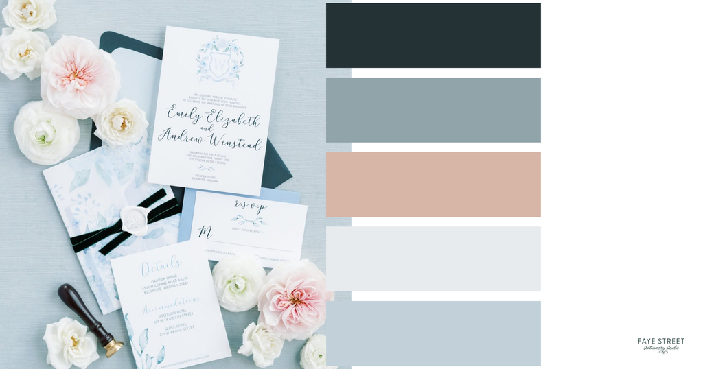 Romantic spring wedding color palette with deep teal, dusty blue, blush pink and pale blue swatches beside floral wedding invitations and white and pink flowers.