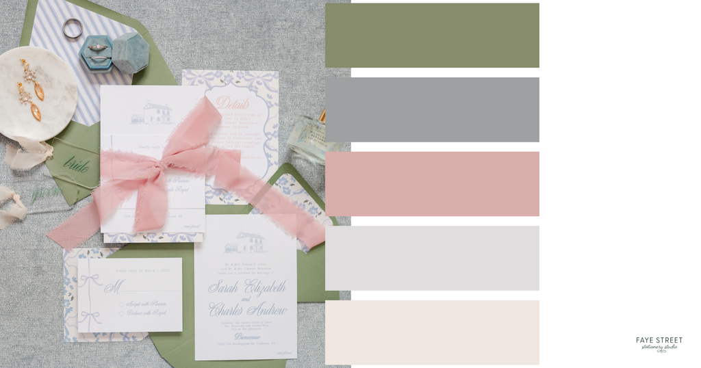 Sage green and dusty blue wedding invitation suite with blush pink ribbon and patterned envelope liners